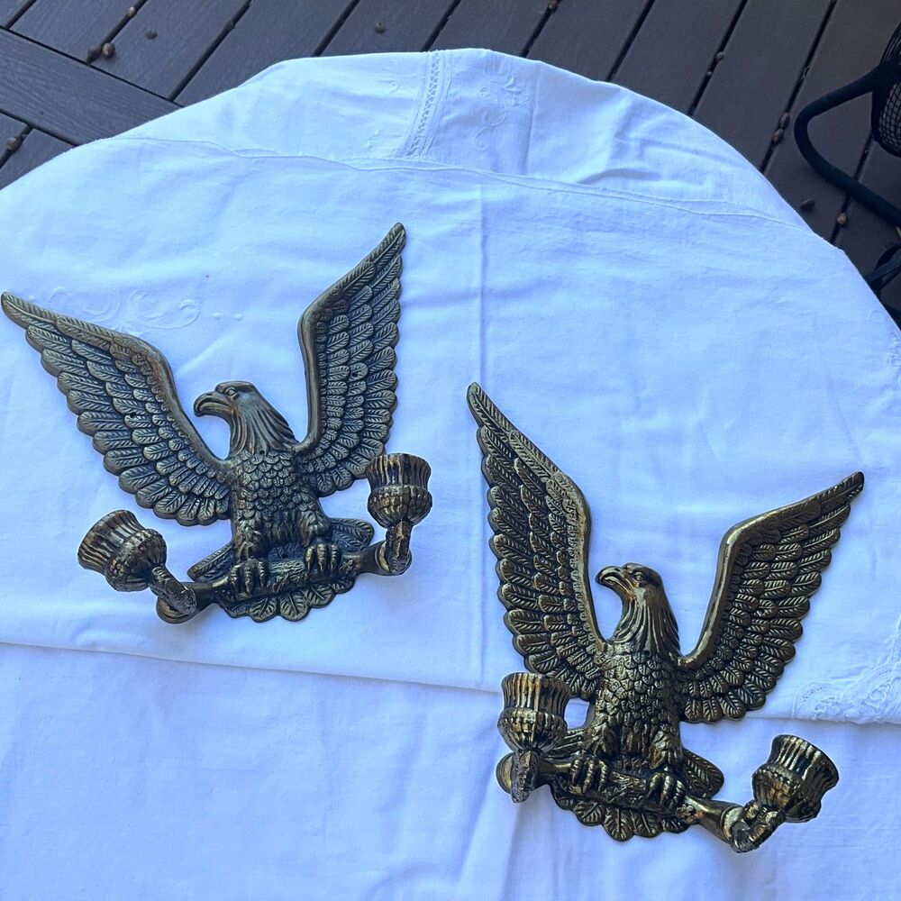 Vintage Brass American Eagle Wall Sconce Double Candle Holder Patriotic Decor